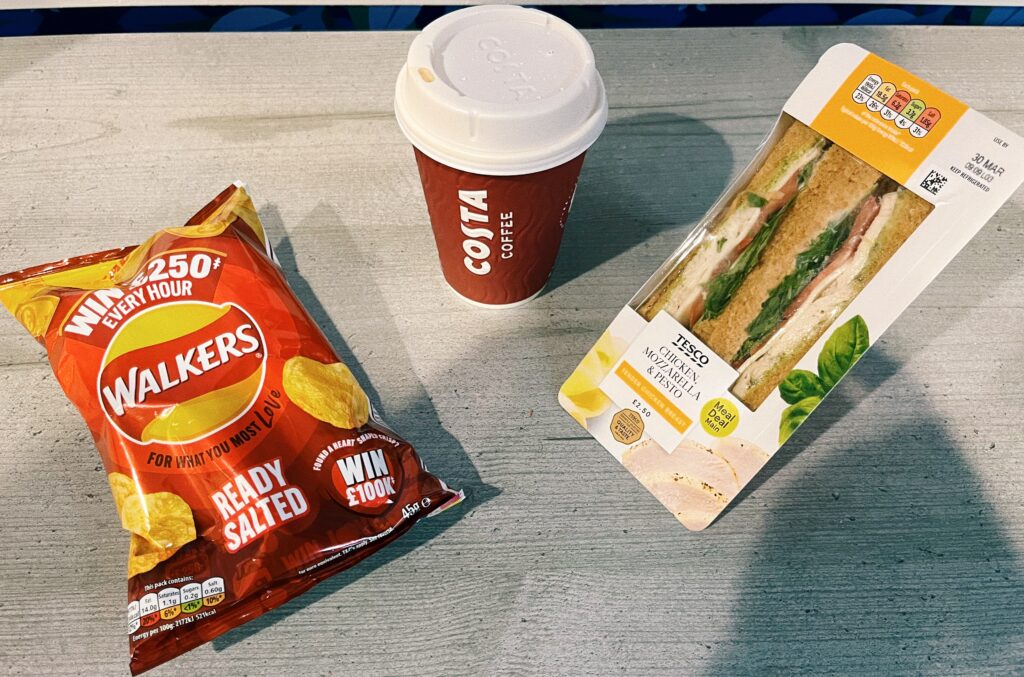 A typical Tesco meal deal - Chips, Sandwich & Coffee